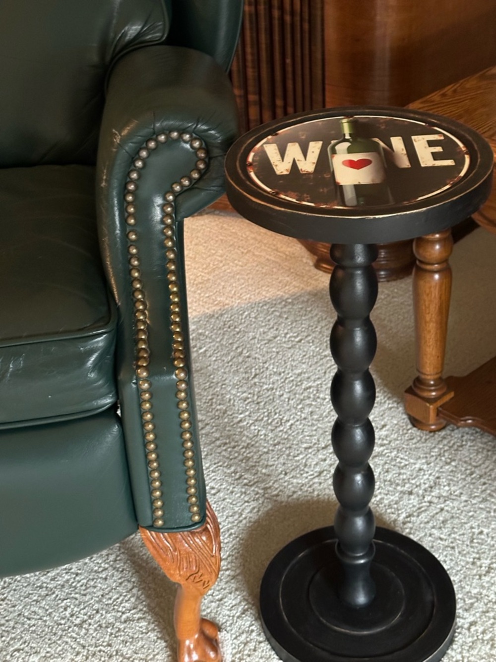Wine Accent Side Table in Black | Wood Pedestal Drink Table